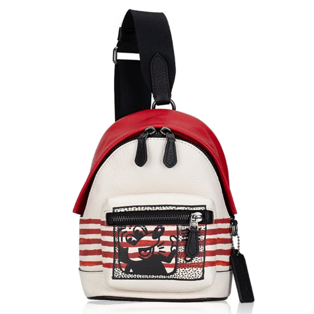 COACH 迪士尼 x Keith Haring聯名款紅白條紋米奇塗鴉斜背包/後背包