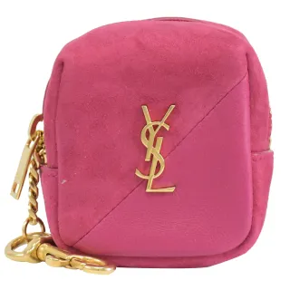 【YSL】金屬LOGO絨布皮革紋拼接鑰匙圈吊飾方包零錢包(桃)