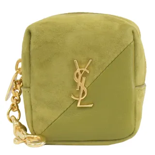 【YSL】金屬LOGO絨布皮革紋拼接鑰匙圈吊飾方包零錢包(草綠)