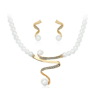 【Aphrodite 愛芙晶鑽】氣質美鑽優雅S線條耳環項鍊2件套組(美鑽耳環 美鑽項鍊)