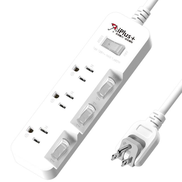 【iPlus+ 保護傘】4開3插3P延長線1.2m(PU-3436.台灣製.旋轉扁插.斜面開關.防火抗雷擊)