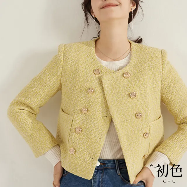【初色】粗花呢小香風雙排扣圓領短版休閒外套-共2色-64303(M-XL可選)(其他規格)