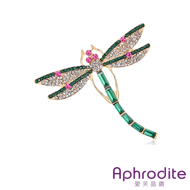 【Aphrodite 愛芙晶鑽】閃鑽方晶寶石鑲嵌蜻蜓造型胸針(方晶胸針 寶石胸針 蜻蜓胸針)