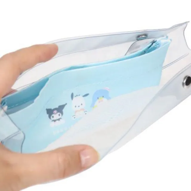 【小禮堂】Sanrio大集合 PVC扣式三角筆袋 - 酷洛米/帕恰狗/山姆企鵝 藍貼玻璃款(平輸品)
