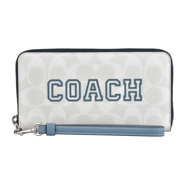 COACH COACH Varsity印大字母LOGO緹花PVC拉鍊手拿長夾(粉筆白x靛藍)