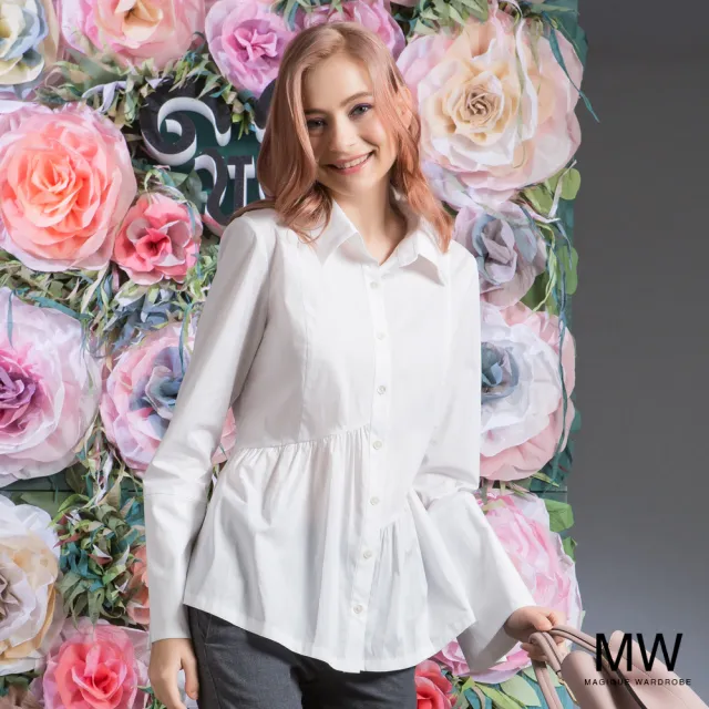 【MAGIQUE WARDROBE】不對襯皺褶喇叭袖襯衫上衣(白色)