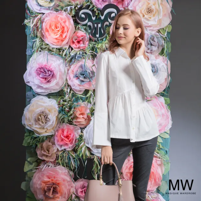 【MAGIQUE WARDROBE】不對襯皺褶喇叭袖襯衫上衣(白色)