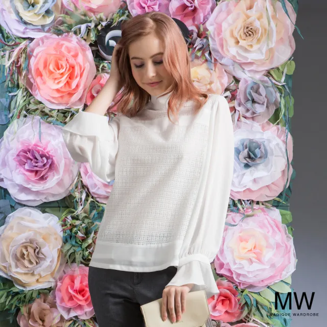 【MAGIQUE WARDROBE】雪紡拚接蕾絲拋袖荷葉上衣(白色)
