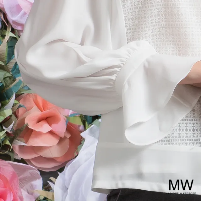 【MAGIQUE WARDROBE】雪紡拚接蕾絲拋袖荷葉上衣(白色)