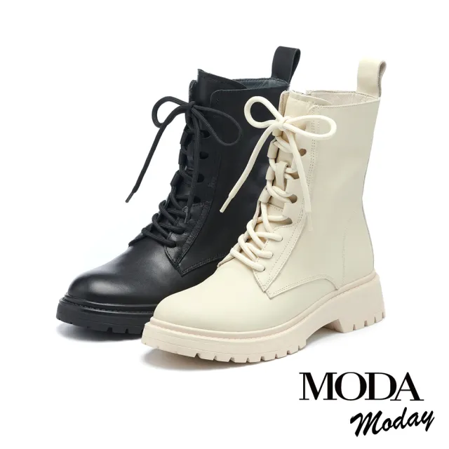 【MODA Moday】帥氣時髦感全真皮綁帶QQ厚底短靴(白)