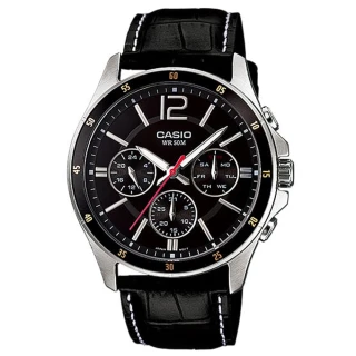 【CASIO 卡西歐】簡約率性三眼計時皮革腕錶/黑x銀框(MTP-1374L-1A)