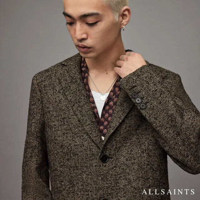 【ALLSAINTS】MILLIGAN 低調人字紋標準領中長版羊毛大衣(修身版型)