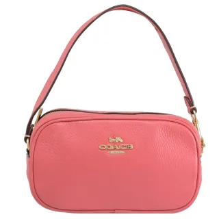 【COACH】MINI 簡約金屬LOGO皮革迷你手拿包手提包(桃粉)