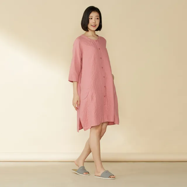 【YVONNE 以旺傢飾】雙層紗開襟七分袖洋裝(活力粉)