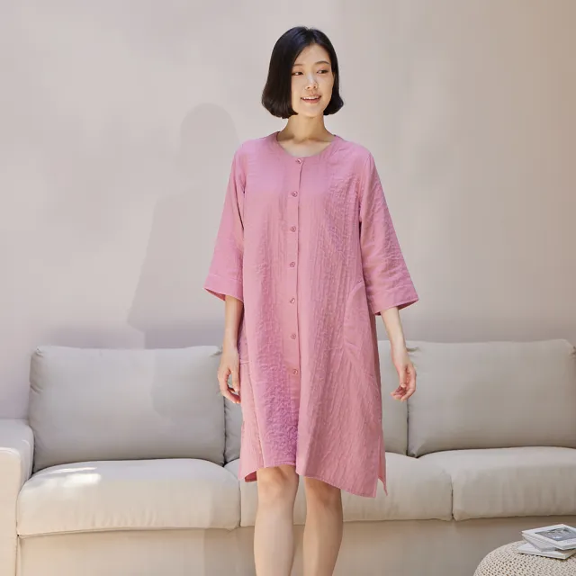 【YVONNE 以旺傢飾】雙層紗開襟七分袖洋裝(活力粉)