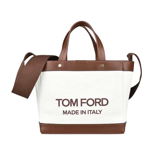 【TOM FORD】TOM FORD棕字LOGO帆布磁扣式手提斜背包(迷你/米白x棕)（其他規格）