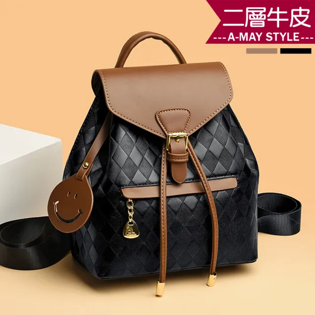 【Amay Style 艾美時尚】女包 真皮包 雙肩包 菱格拼接皮革笑臉吊飾後背包(2色.現貨+預購)