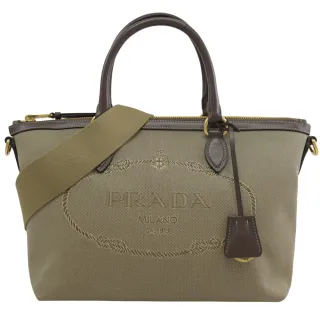 【PRADA 普拉達】新版復古經典大LOGO緹花布吊飾手提斜背兩用包(駝)