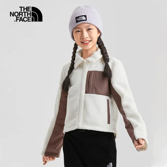 【The North Face 官方旗艦】北面兒童米白色拉鍊胸袋撞色拼接抓絨外套｜7UMIN3N