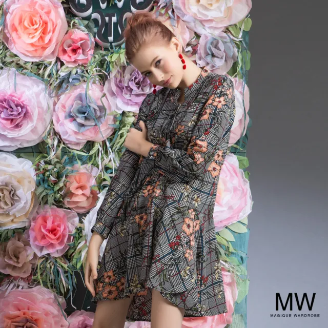 【MAGIQUE WARDROBE】千鳥格紋前短後長印花洋裝(千鳥格紋)