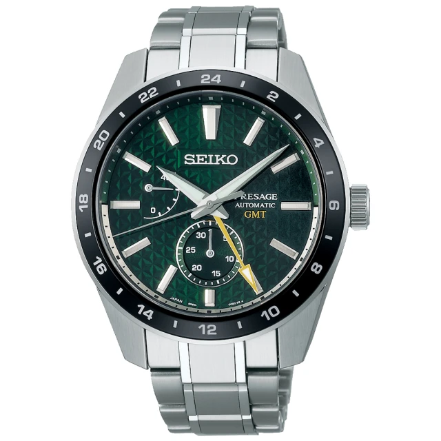 【SEIKO 精工】PRESAGE GMT新銳麻葉家紋機械錶-綠x銀/42.2mm(SPB219J1/6R64-00C0G)