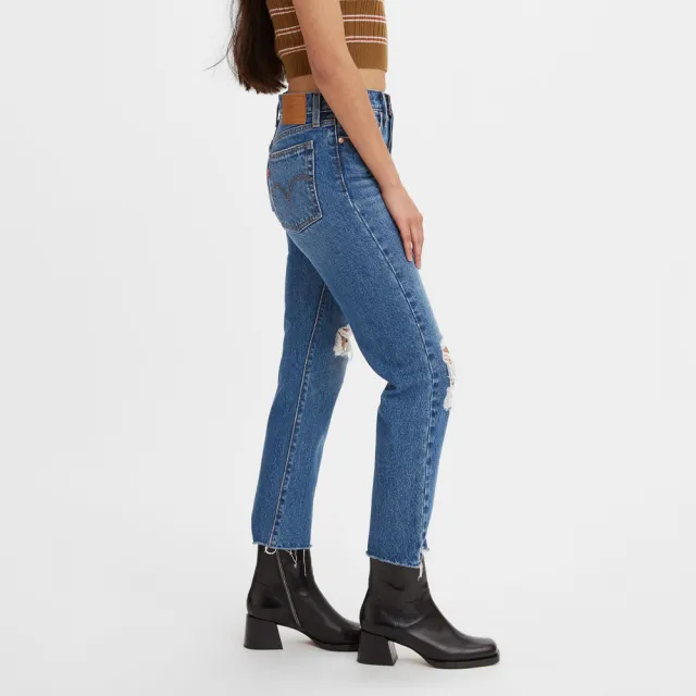 【LEVIS】女 Wedgie高腰修身直筒排釦牛仔褲/磨損開口破壞/不收邊褲管 及踝款 熱賣單品 34964-0160