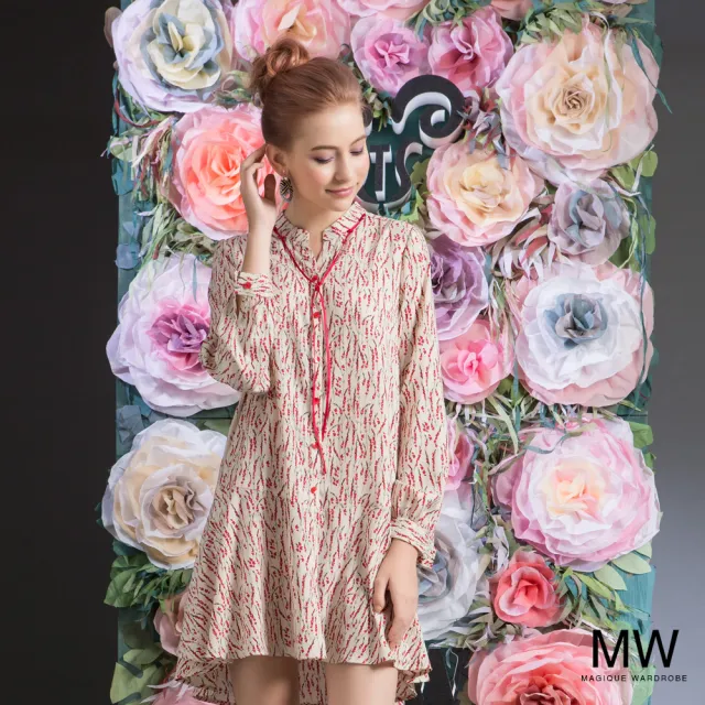 【MAGIQUE WARDROBE】前短後長印花洋裝(米紅印花)