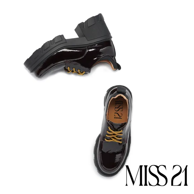 【MISS 21】荒野帥氣個性光澤漆皮綁帶大頭厚底鞋(棕)