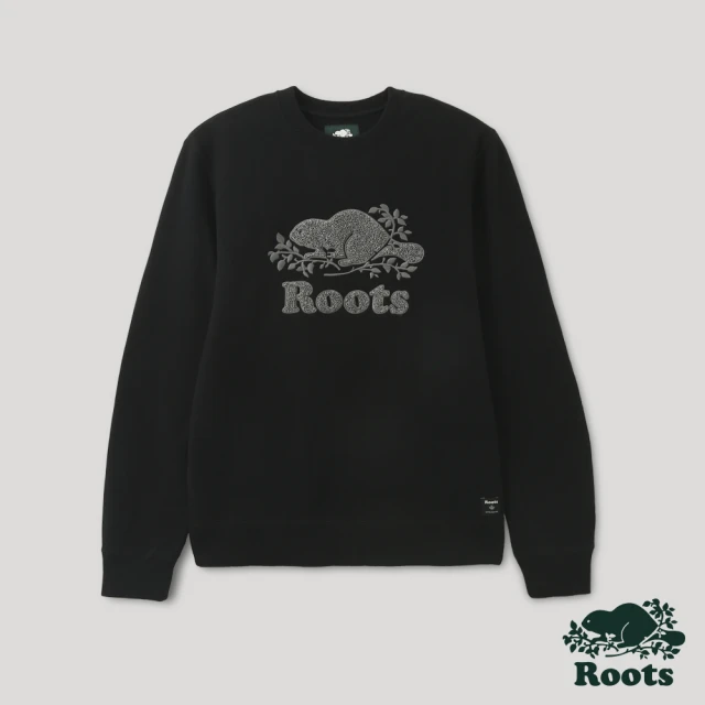 【Roots】Roots 男裝-摩登周間系列 海狸LOGO刷毛布圓領上衣(黑色)