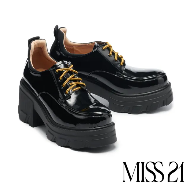【MISS 21】荒野帥氣個性光澤漆皮綁帶大頭厚底鞋(黑)