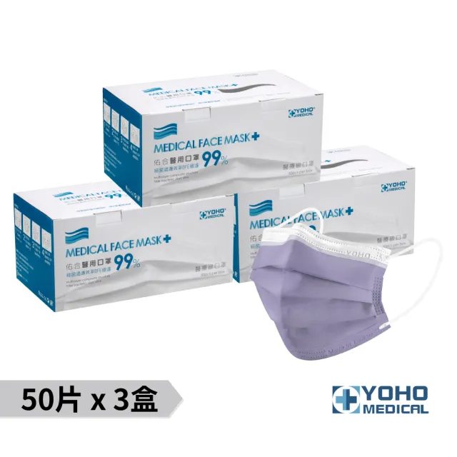 【佑合】成人經典白邊莫蘭迪口罩3盒組 煙燻紫 50入/盒(醫療口罩)