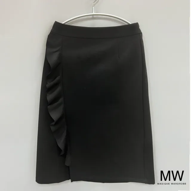 【MAGIQUE WARDROBE】後鬆緊荷葉滾邊釦飾中長裙(2色)