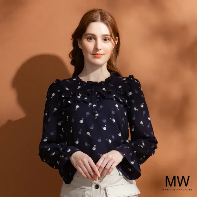 【MAGIQUE WARDROBE】荷葉印花雪紡長袖上衣(2色)
