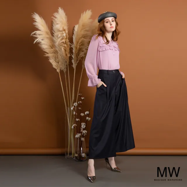 【MAGIQUE WARDROBE】荷葉印花雪紡長袖上衣(2色)
