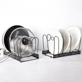 【Homely Zakka】日式簡約鐵藝多功能伸縮式鍋蓋收納架/置物架/分隔架_黑色(鍋蓋架 砧板架 廚房置物架) 