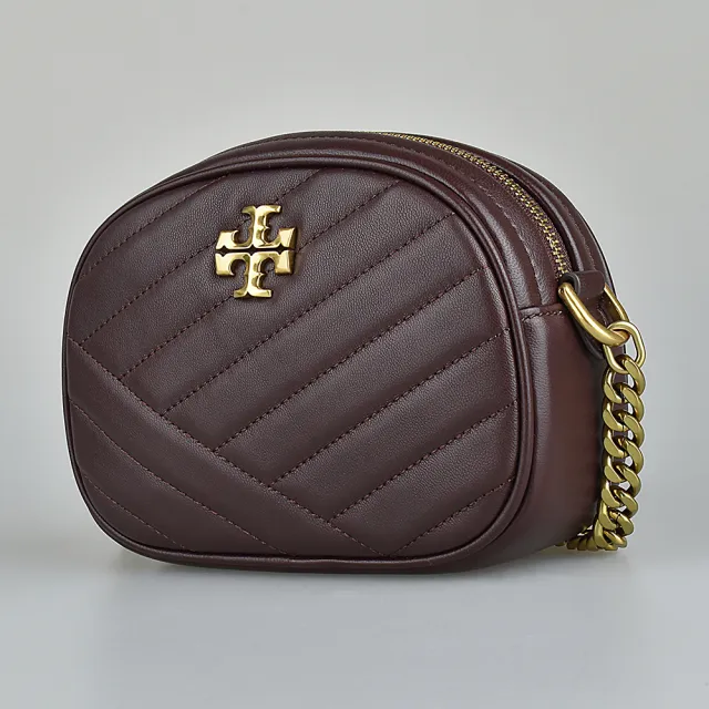 【TORY BURCH】TORY BURCH Kira黃銅雙T字LOGO羊皮絎縫鏈帶拉鍊斜背相機包(葡萄酒紅)