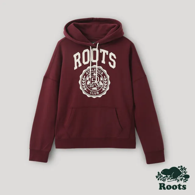 【Roots】Roots 女裝- 運動派對系列 學院風LOGO連帽上衣(酒紅)