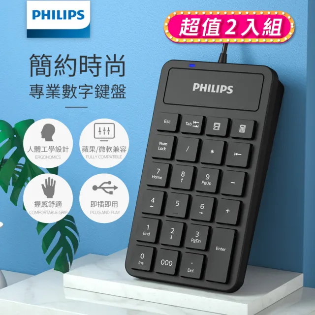 【Philips 飛利浦】SPK6106 有線數字鍵盤(超值2入組)