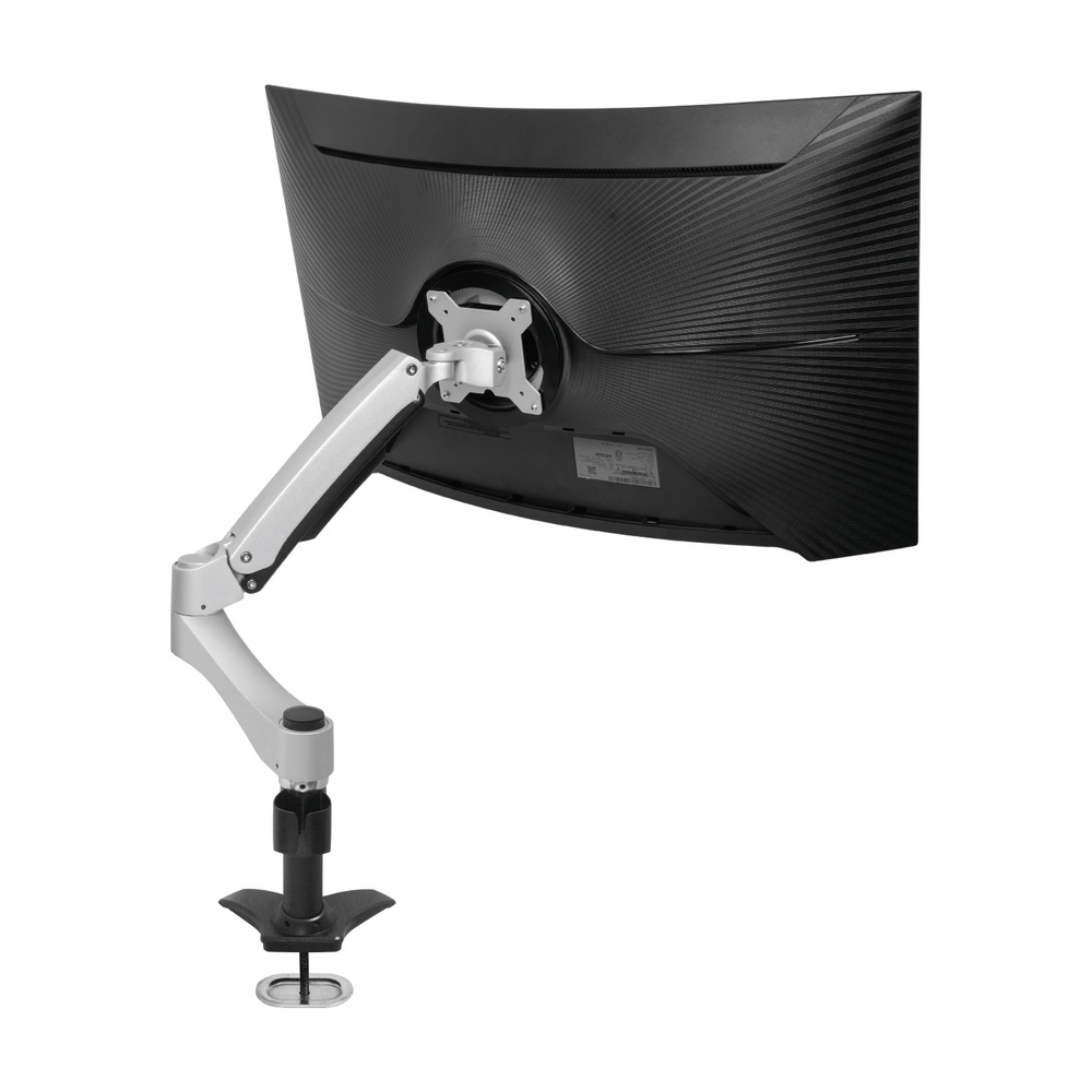 HE H20AUi 壁掛式顯示器支架，專為20~38吋平面顯示器及34吋以下曲面螢幕設計，採用鋁合金與中鋼鋼材打造，承載重量達12kg（平面）/7.5kg（曲面），支援VESA 100x100 / 75x75mm安裝。桌夾固定適用8~50mm桌厚，穿桌對鎖方式確保穩定，深度需12.2cm以上。具備左右180°旋轉、上下20°俯仰、360°翻轉與定點旋轉，前後拉伸最遠59cm，高低升降31.5cm，旋臂高度5~16cm自由調整。雙支臂設計，內附扭力桿與旋控鎖安全裝置，臺灣製造5年保固，銀色系輕巧3.7kg，DIY組裝簡易，內附M4螺絲與說明書。完美提升辦公與遊戲桌面空間，關鍵字最佳化搜尋：顯示器壁掛架、桌夾支架、HE顯示器臂。