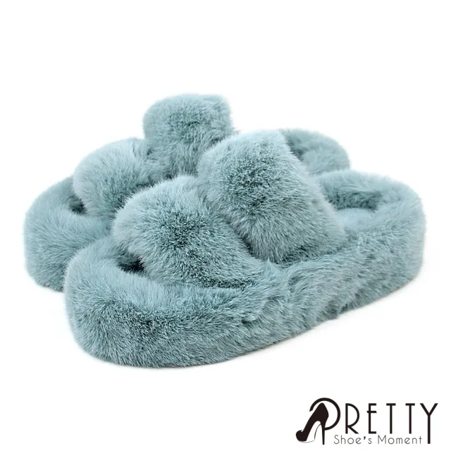 【Pretty】慵懶貴婦風保暖絨毛厚底室內拖鞋/居家拖鞋/保暖拖鞋/毛毛拖鞋(粉紅、卡其、藍色、黑色)
