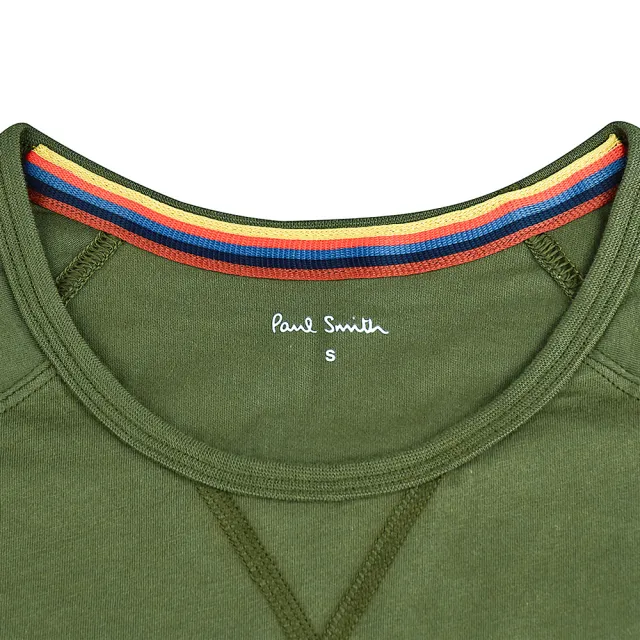 【Paul Smith】PAUL SMITH 白字LOGO後領彩色條紋純棉長袖T恤(男款/卡其綠)