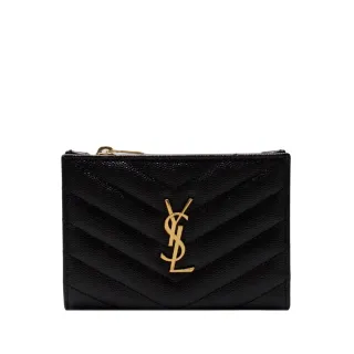 【YSL】經典山形紋 釦式薄款短夾 十卡(黑色 x 金字 Monogram Saint Laurent)