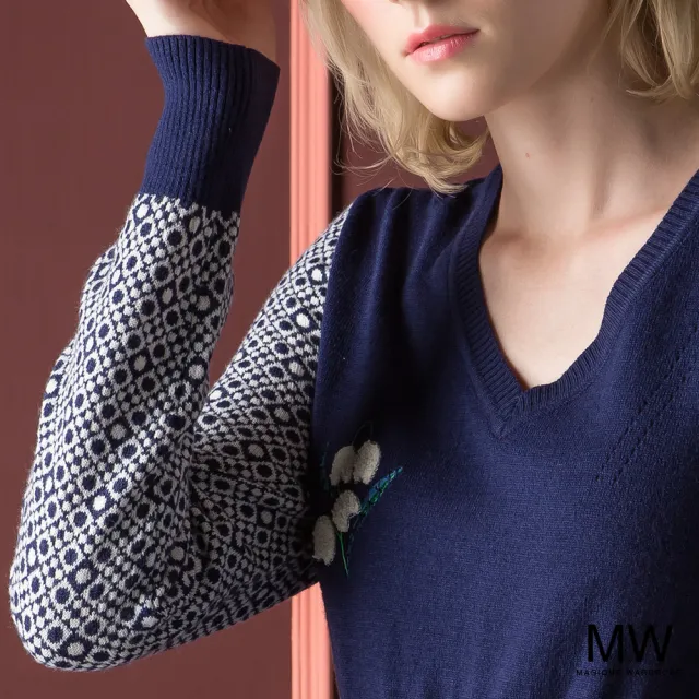 【MAGIQUE WARDROBE】V領羊毛細針織圖騰蕾絲長袖上衣