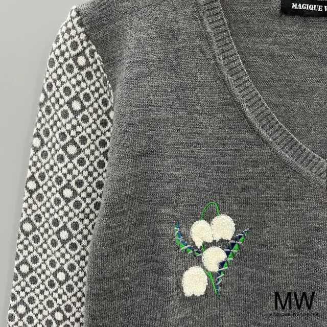 【MAGIQUE WARDROBE】V領羊毛細針織圖騰蕾絲長袖上衣