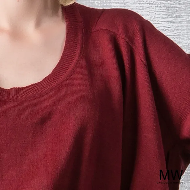 【MAGIQUE WARDROBE】羊毛細針織素面連袖長袖上衣(酒紅)