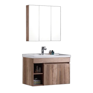 【KARNS卡尼斯】90CM木紋雙門雙層開放櫃浴櫃+三面鏡櫃組(不含龍頭及配件)