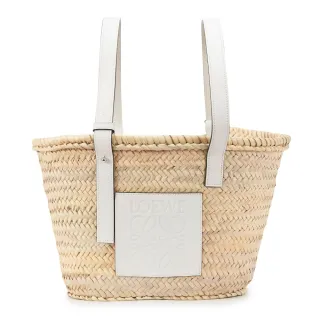 【LOEWE 羅威】Medium Basket 中款 棕櫚葉拼小牛皮 托特包 編織包 草編包 原色/白色