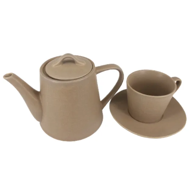 【YU Living 信歐傢居】歐式陶瓷手作壓紋窯變釉茶壺 水壺 950ml(2色/ 亞光卡其色.灰色)