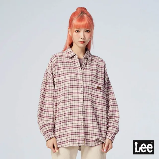 【Lee 官方旗艦】女裝 長袖襯衫 / 寬版細格紋 奶油棕 季節性版型(LL22037197W)