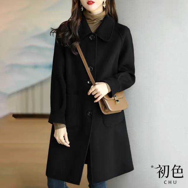 【初色】翻領中長款韓系毛呢大衣外套-共2色-64812(M-2XL可選)